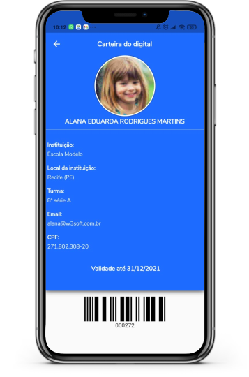 Carteirinha para acesso a instituição diretamente no app