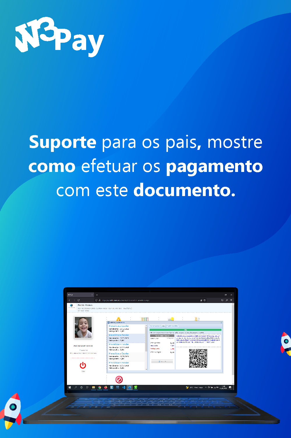 Disponibilize o PDF para os pais, este PDF tem um mini tutorial de como os pais devem fazer o pagamento via PIX.